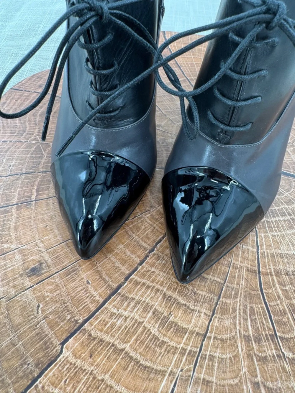 YSL Yves Saint Laurent Leather Oxford Heels Booties Black Patent Cap Toe Size 36 - Picture 11 of 12